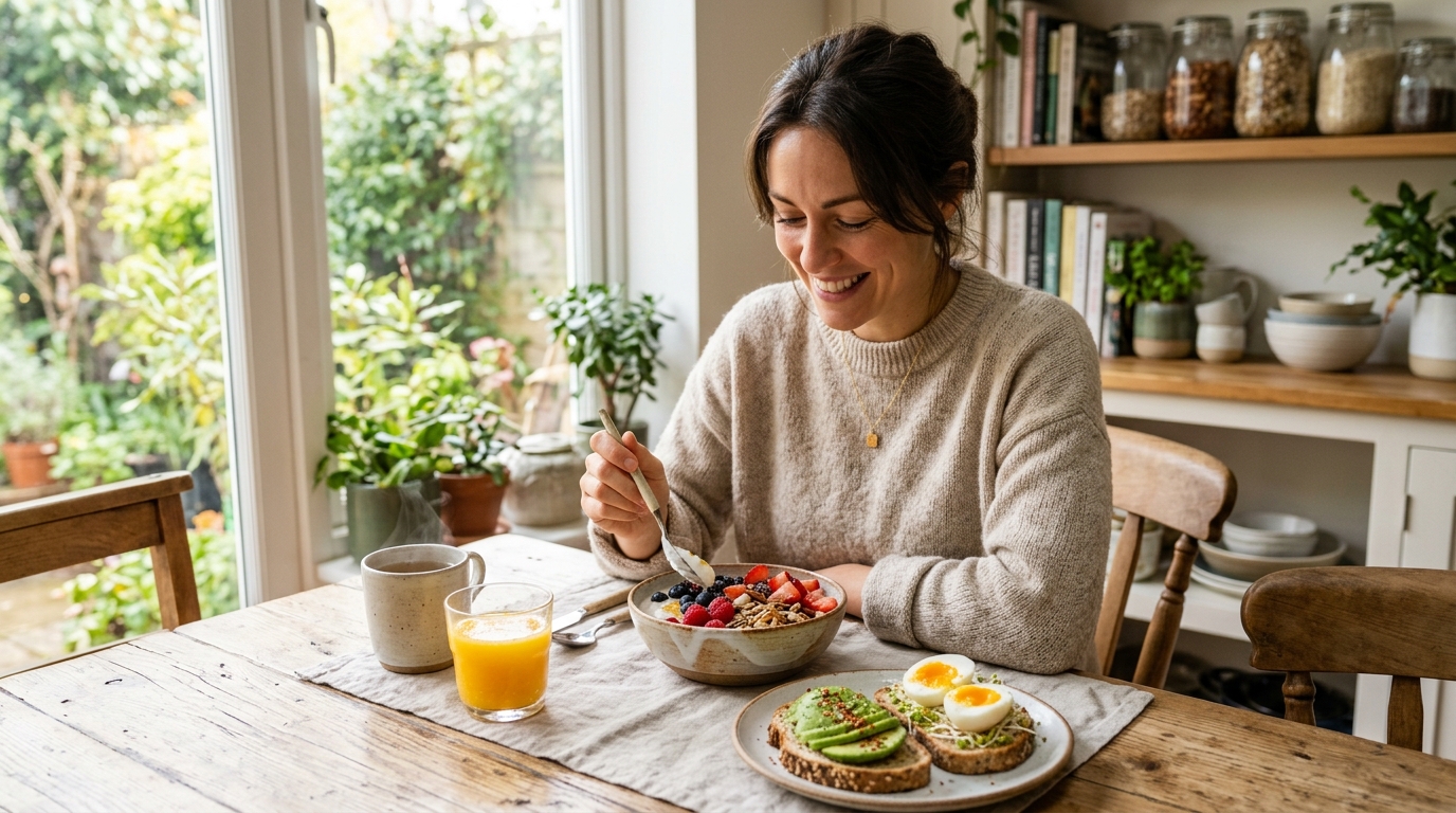 Kiegyensúlyozott reggeli tál természetes összetevőkkel