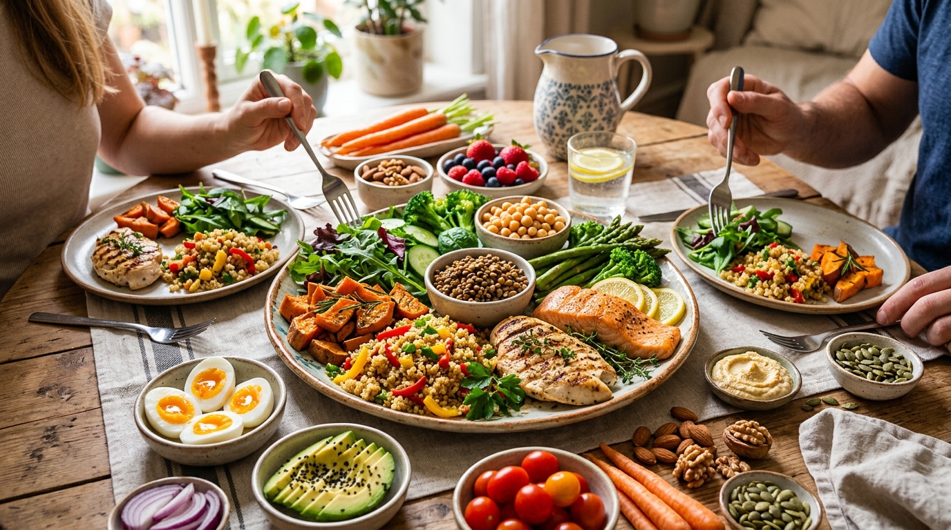 Változatos és színes természetes élelmiszerek tálalása – az egyensúlyos táplálkozás vizuális útmutatója